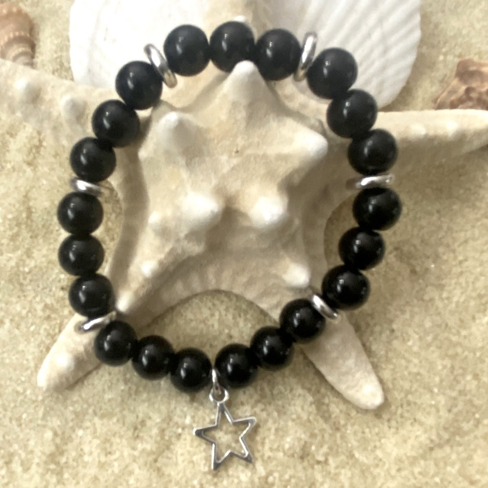 Beaded bracelet - black obsidian and silver tone accents with star ch…
